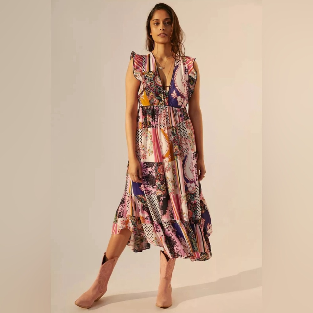 Anthropologie Pink and Purple Patterned Midi Dress